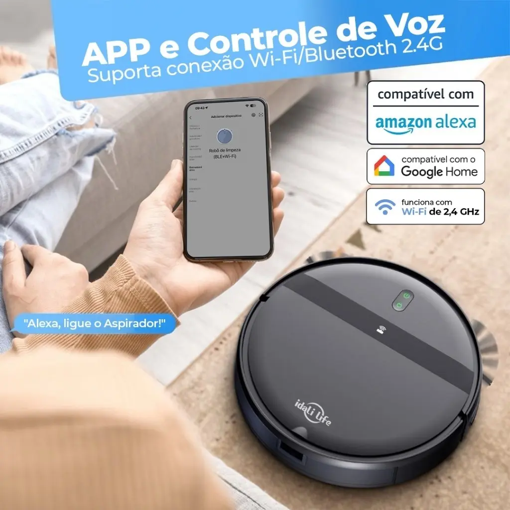 APP e Controle de Voz — Wi-Fi e Bluetooth 2.4G — Amazon Alexa e Google Home